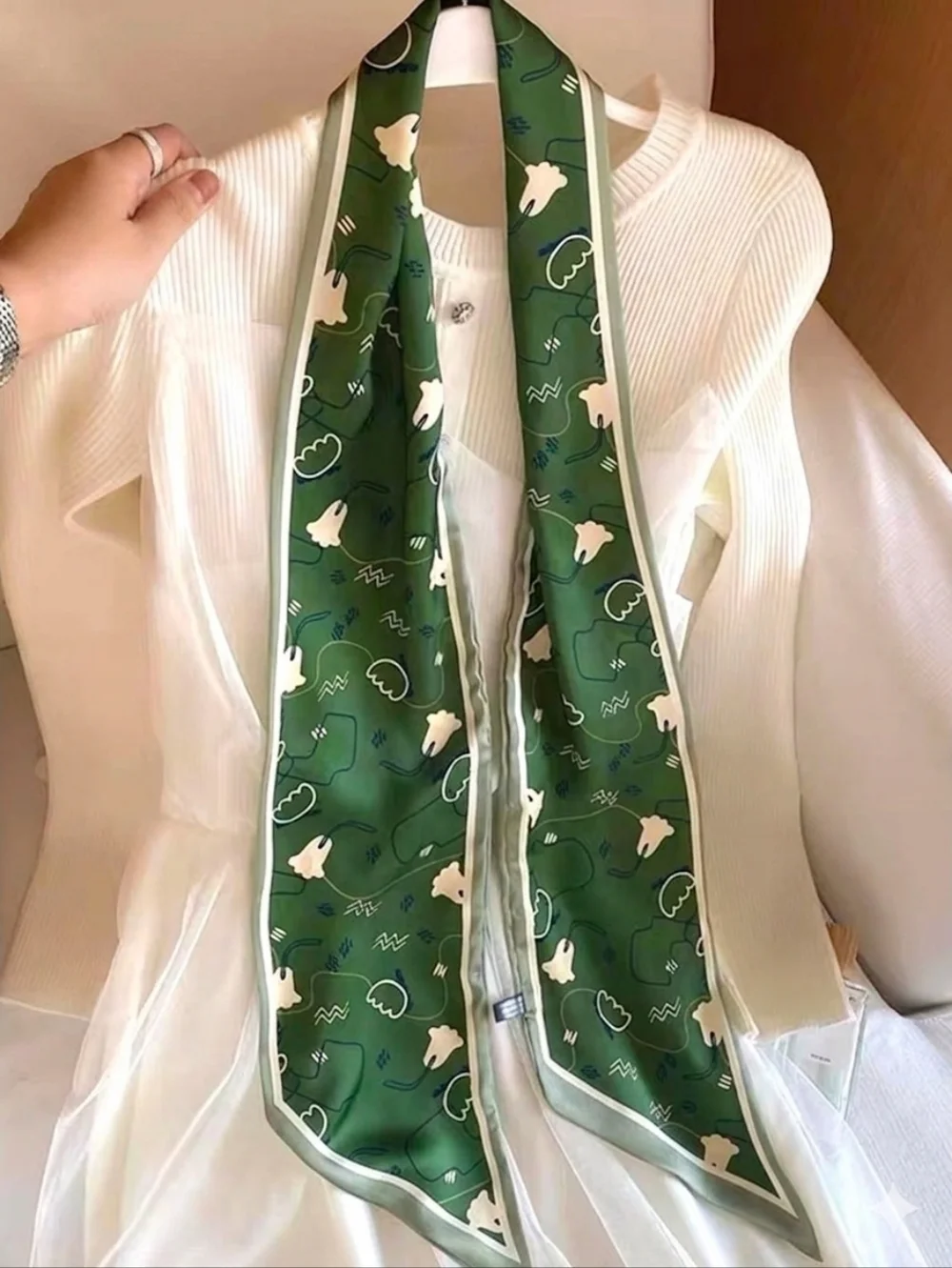 NWT Sage Green Silky Satin Skinny Scarf Abstract Floral Twilly 60